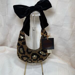 Chic Sequin Leopard Shoulder Bag with Black Bow